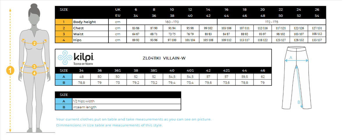 Pantalon outdoor femme Kilpi VILLAIN-W – Size chart