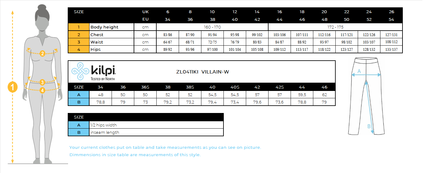 Pantalon outdoor femme Kilpi VILLAIN-W – Size chart