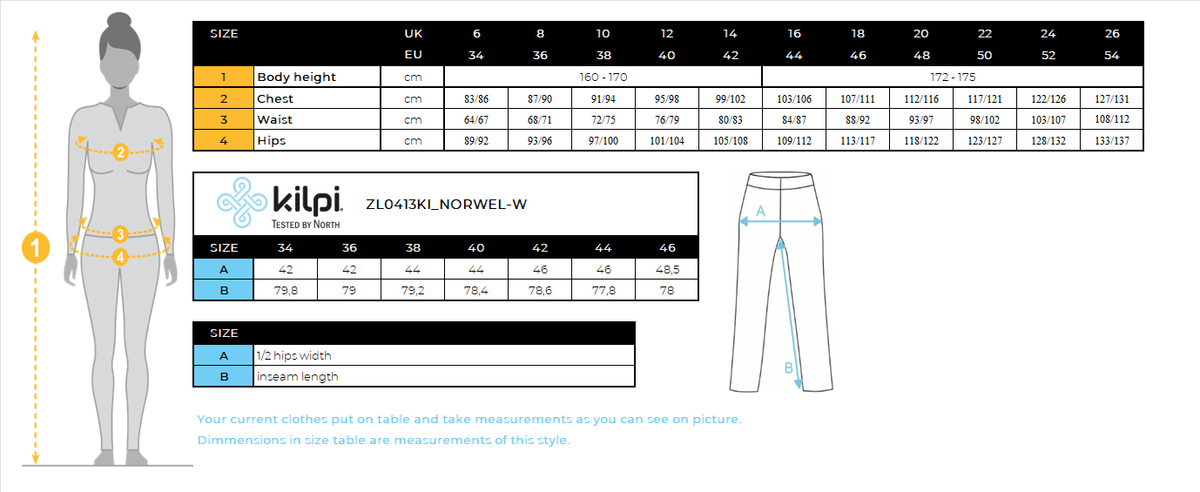 Pantalon de running femme Kilpi NORWEL-W – Size chart