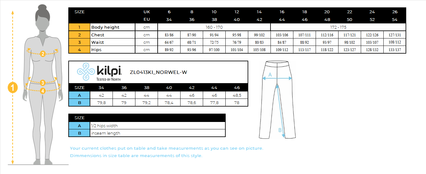 Pantalon de running femme Kilpi NORWEL-W – Size chart