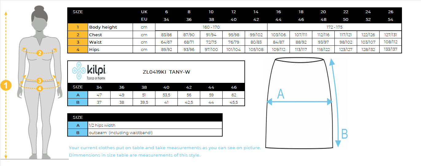 Jupe isolante femme Kilpi TANY-W – Size chart