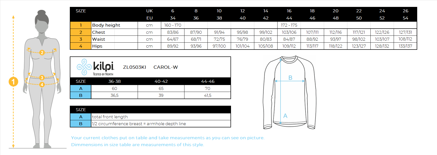 T-shirt thermique sans couture à manches longues pour femme Kilpi CAROL-W – Size chart