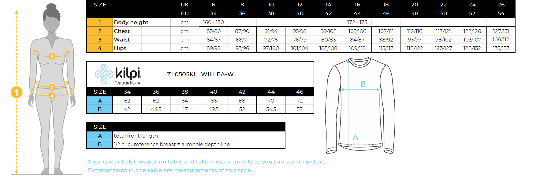 T-shirt thermique à manches longues pour femme Kilpi WILLEA-W – Size chart