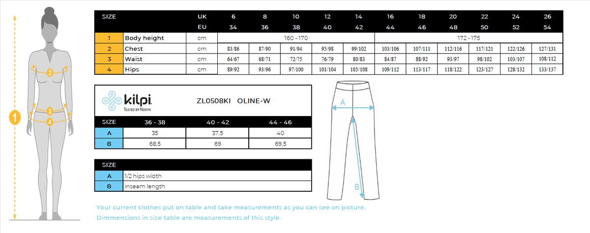 Pantalon thermique sans couture pour femme Kilpi OLINE-W – Size chart