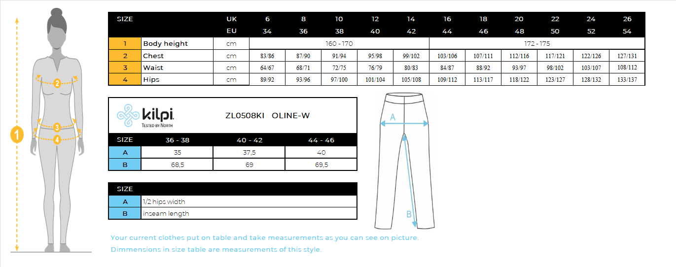 Pantalon thermique sans couture pour femme Kilpi OLINE-W – Size chart