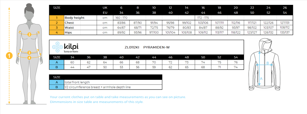 Doudoune femme Kilpi PYRAMIDEN-W – Size chart