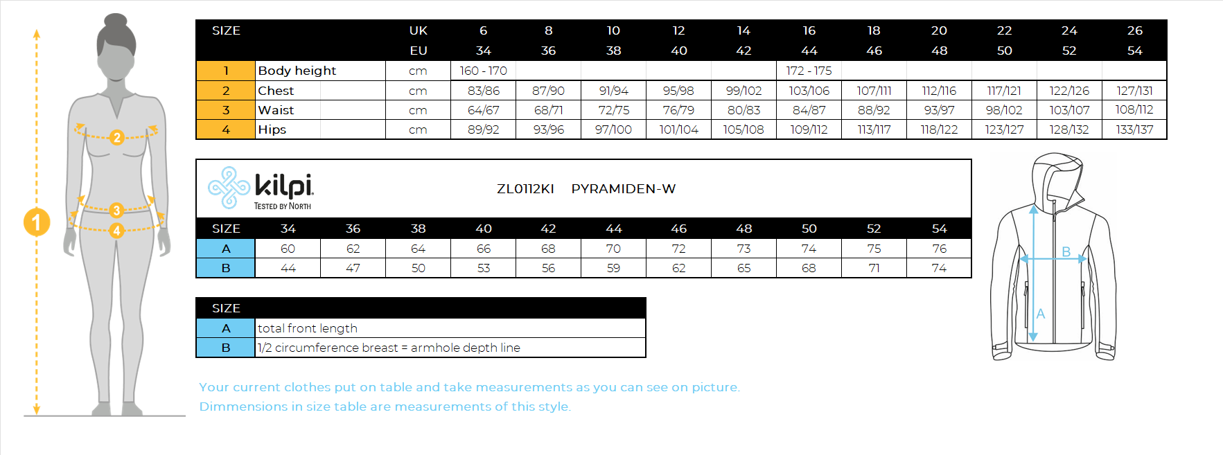 Doudoune femme Kilpi PYRAMIDEN-W – Size chart