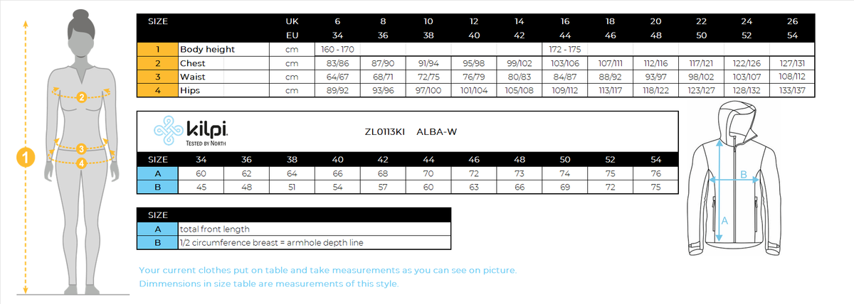 Women's insulated jacket Kilpi ALBA-W – Size chart