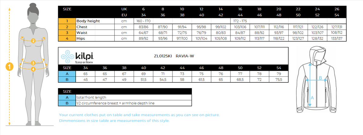 Veste softshell femme Kilpi RAVIA-W – Size chart