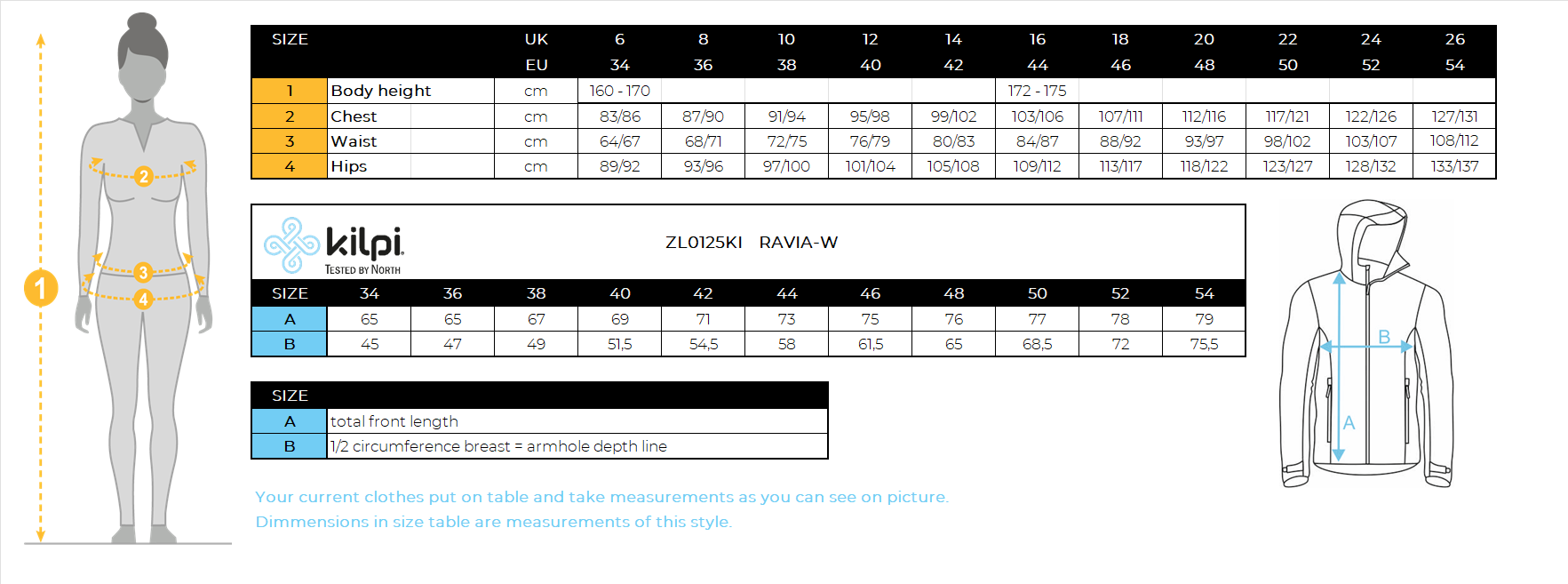 Veste softshell femme Kilpi RAVIA-W – Size chart