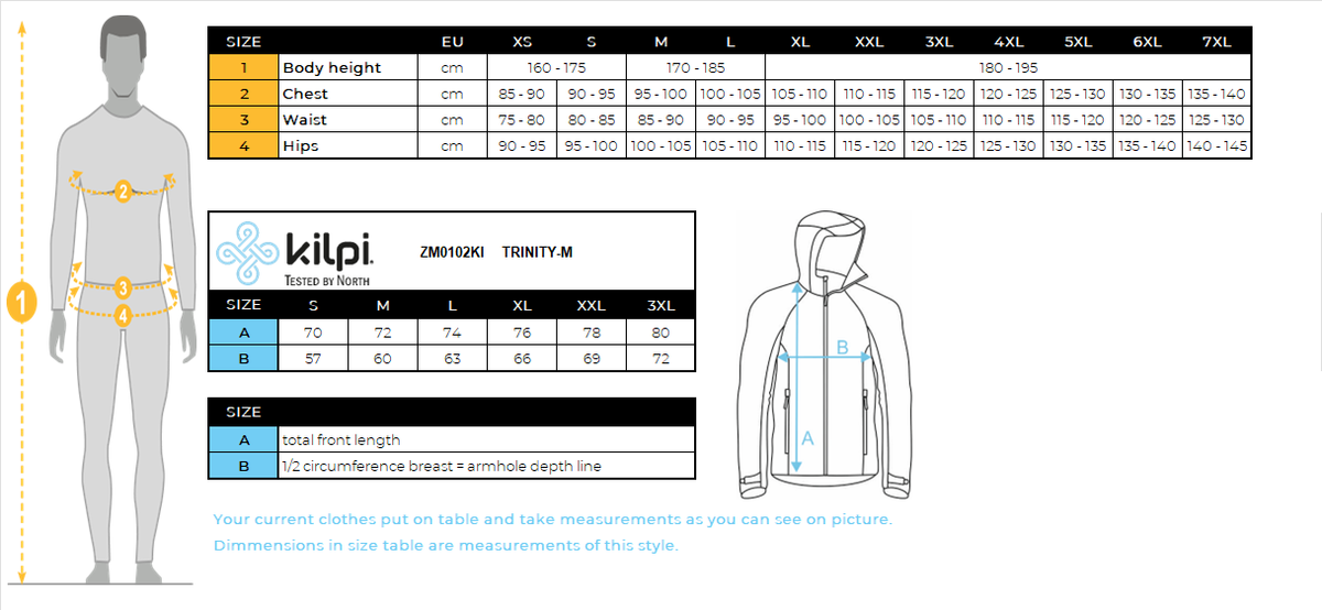 Veste hardshell homme Kilpi TRINITY-M – Size chart