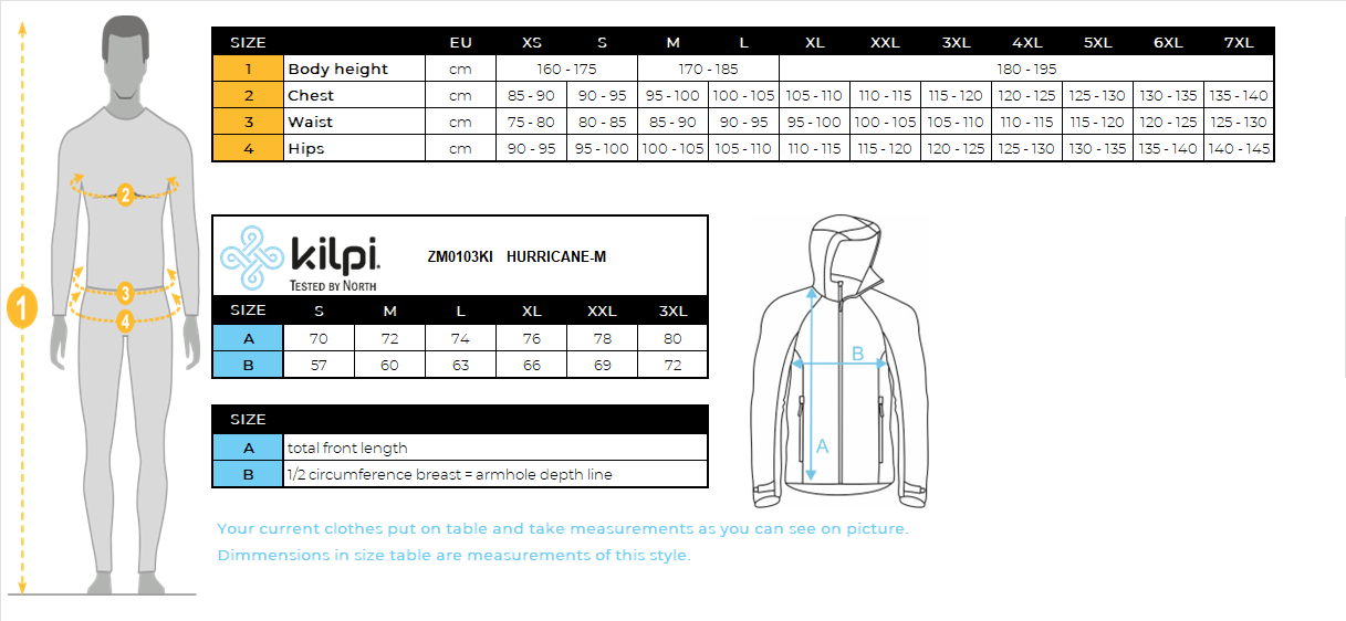 Veste hardshell homme Kilpi HURRICANE-M – Size chart