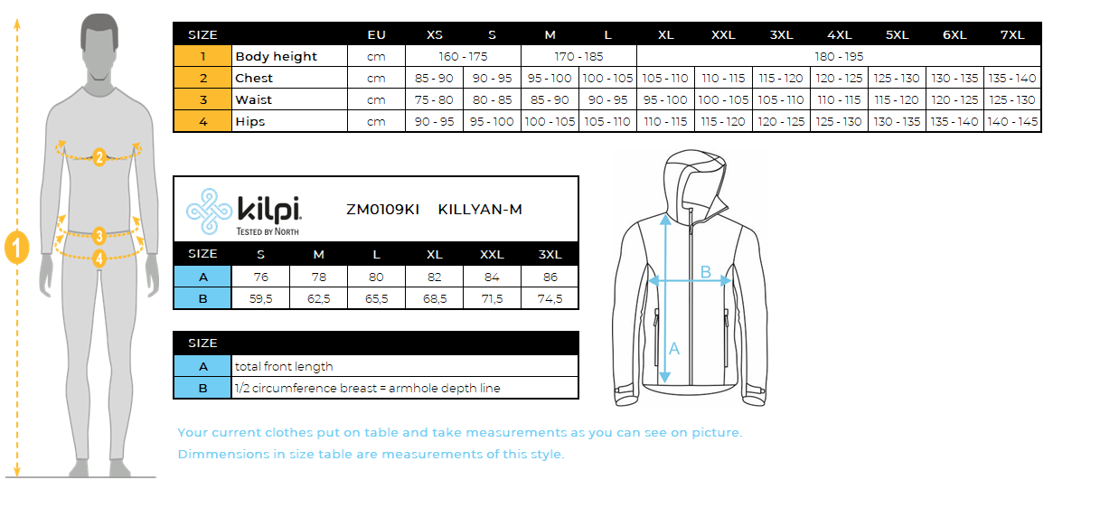 Veste de ski homme Kilpi KILLYAN-M – Size chart