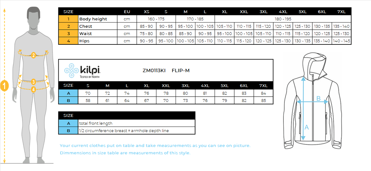 Veste de ski homme Kilpi FLIP-M – Size chart