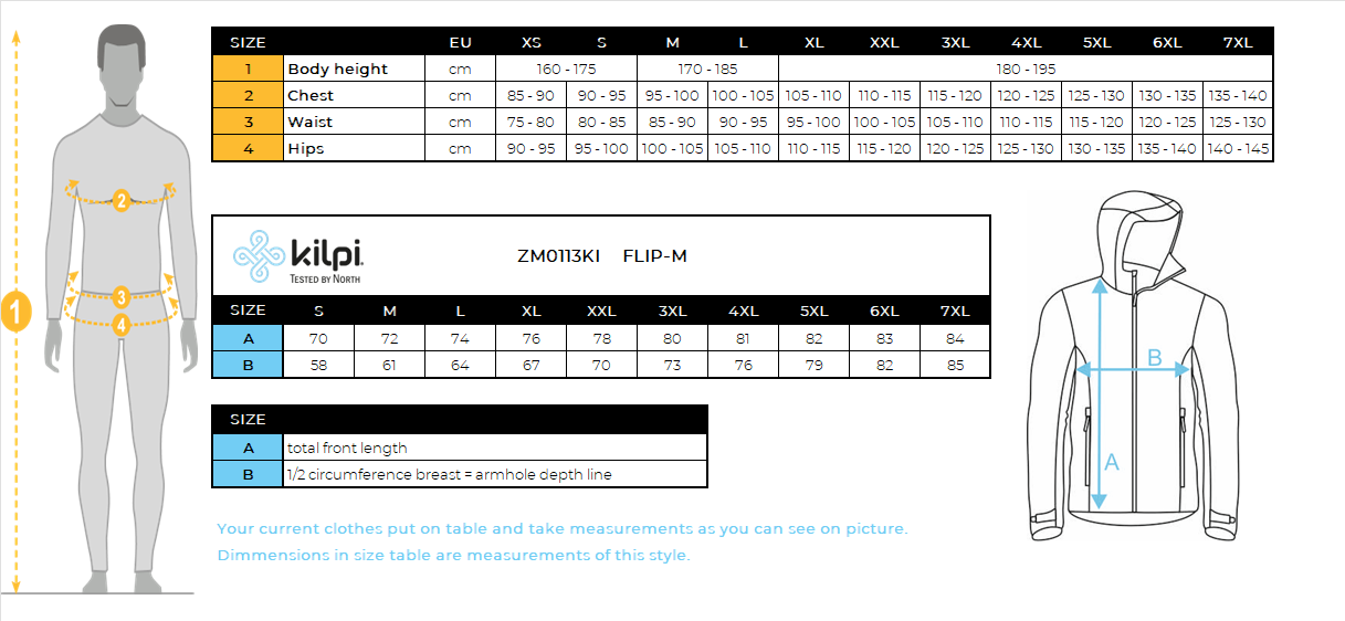 Veste de ski homme Kilpi FLIP-M – Size chart