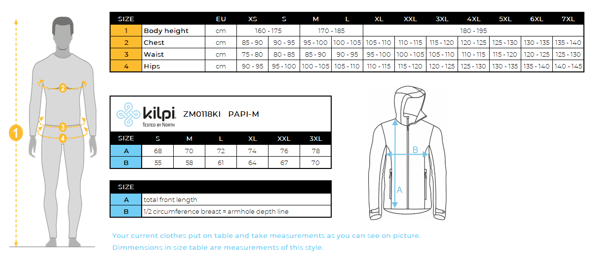 Doudoune homme Kilpi PAPI-M – Size chart