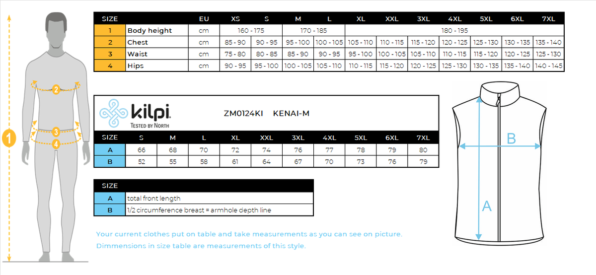 Gilet isolant homme Kilpi KENAI-M – Size chart