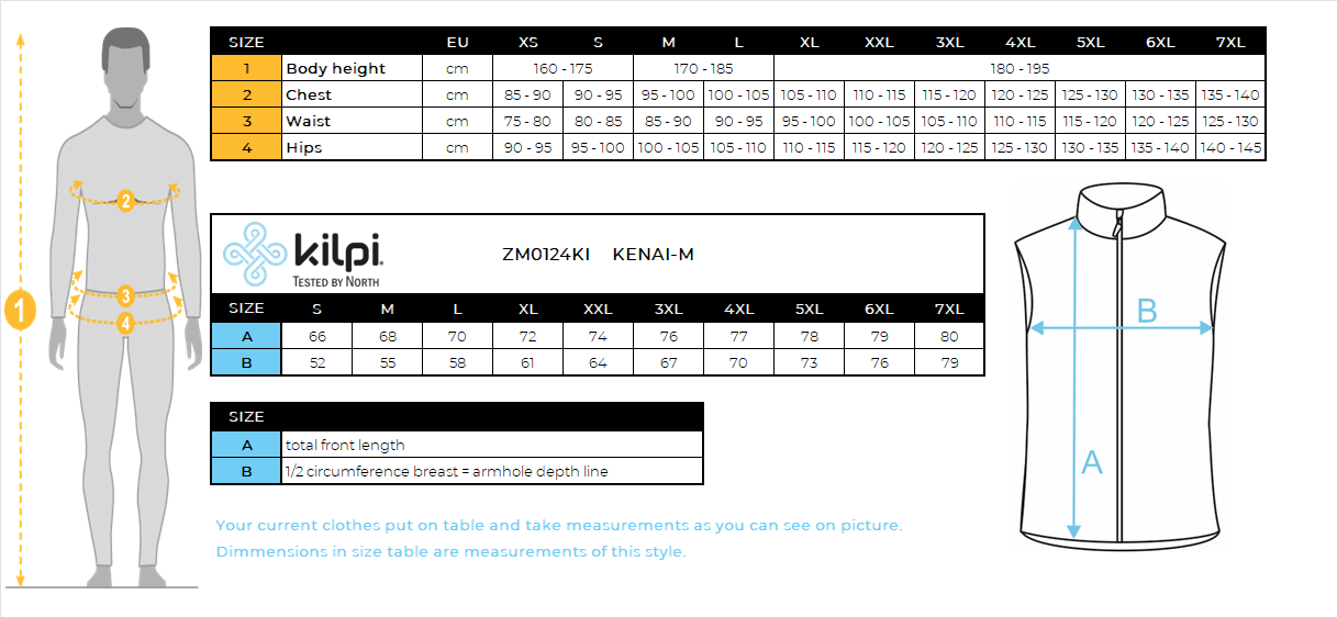 Gilet isolant homme Kilpi KENAI-M – Size chart