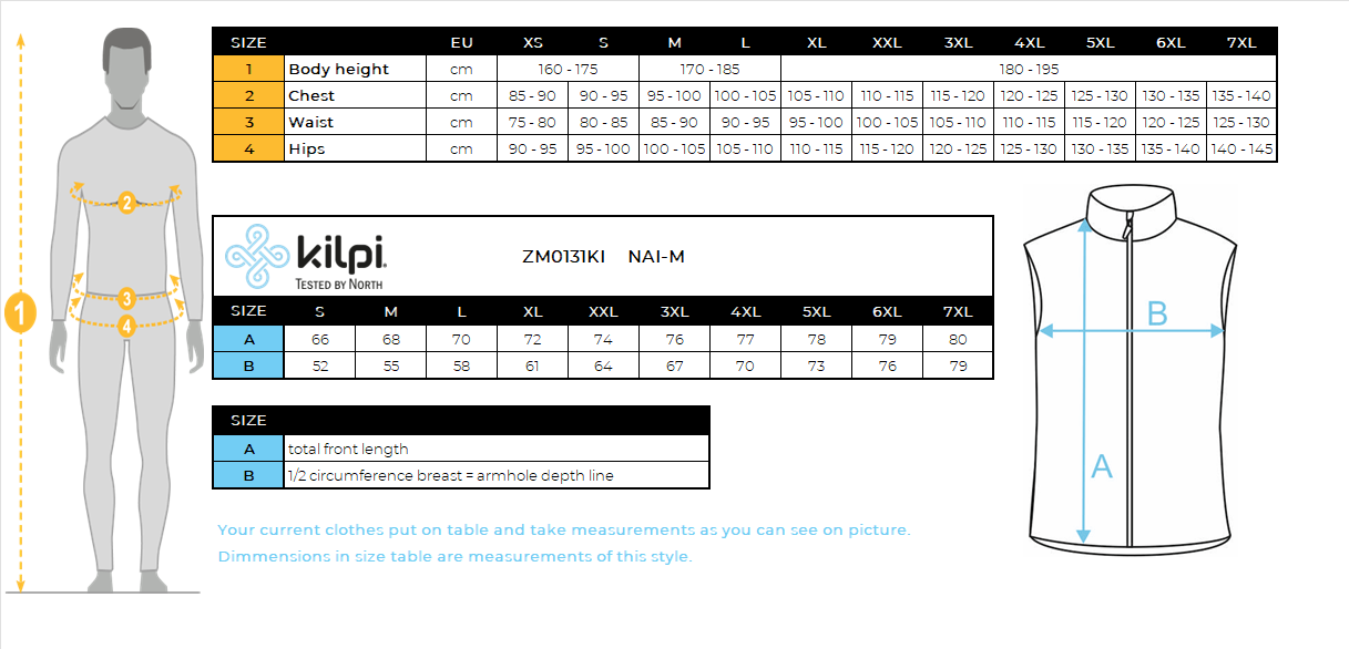 Gilet isolant homme Kilpi NAI-M – Size chart