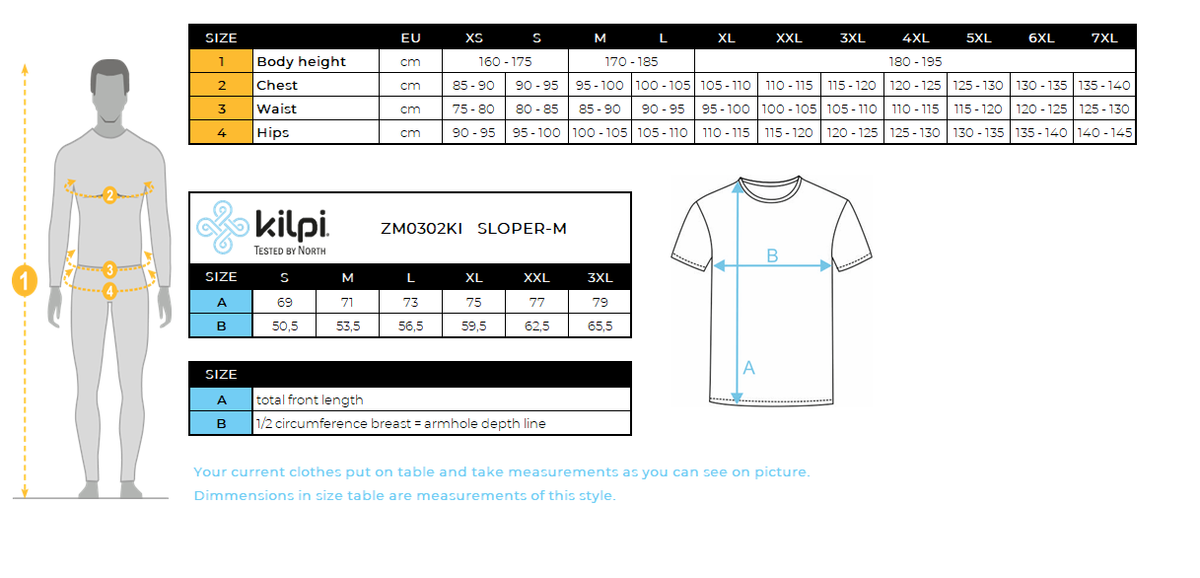 T-shirt en laine mérinos pour hommes Kilpi SLOPER-M – Size chart
