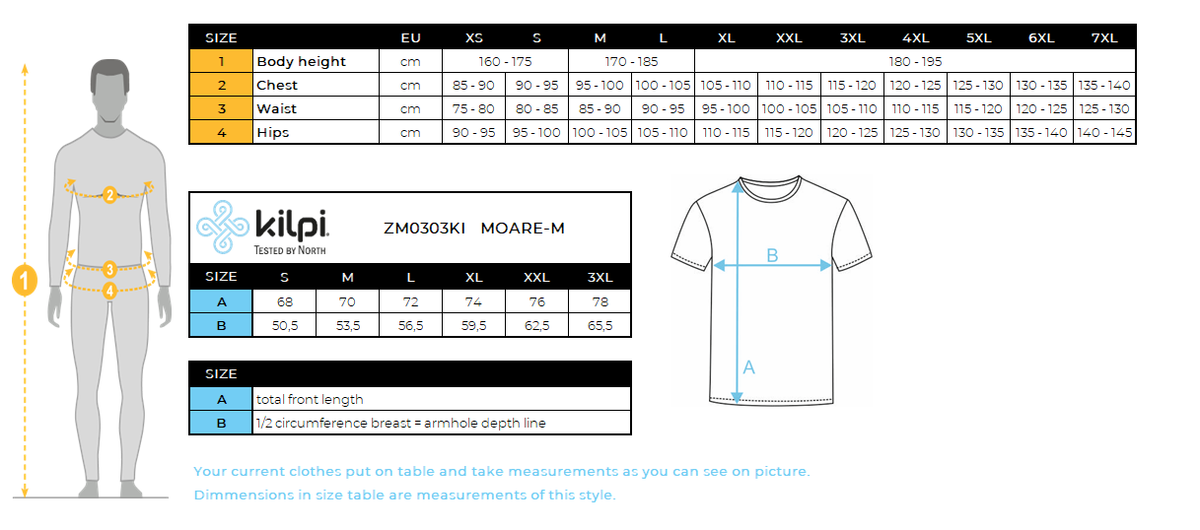 T-shirt fonctionnel pour hommes Kilpi MOARE-M – Size chart