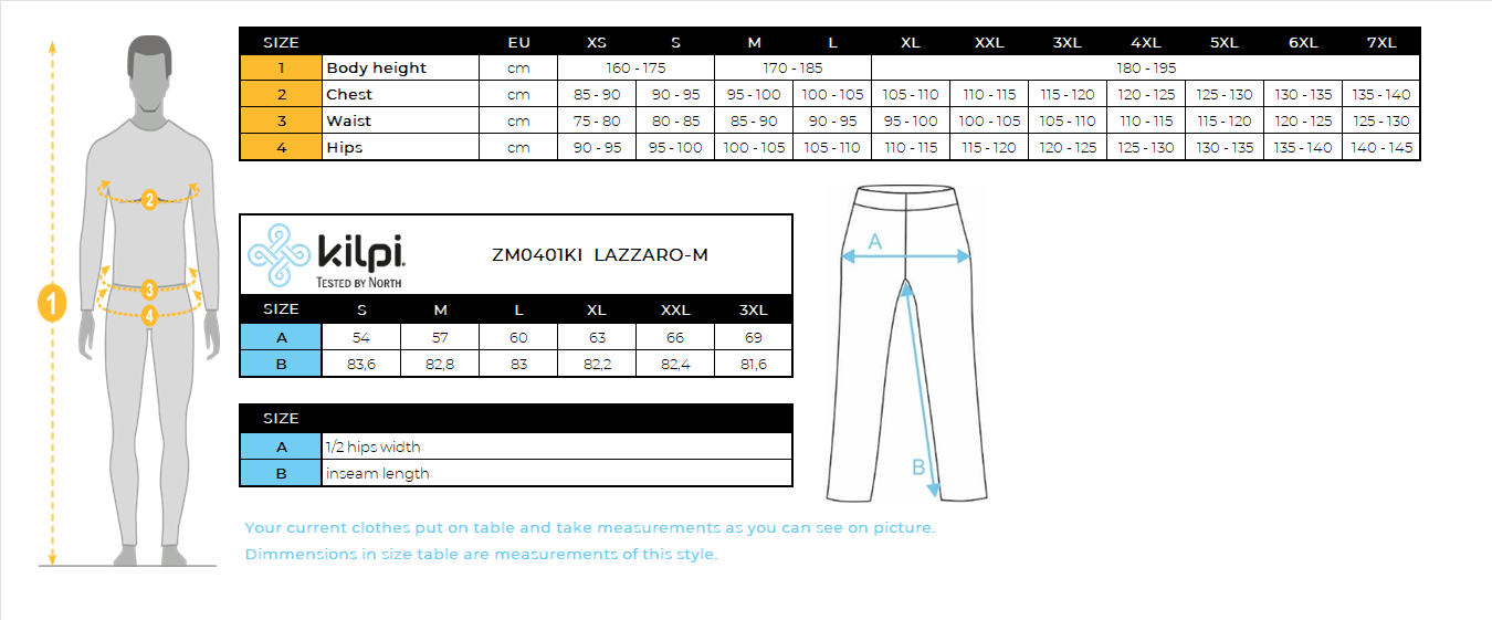 Pantalon à membrane pour hommes Kilpi LAZZARO-M – Size chart