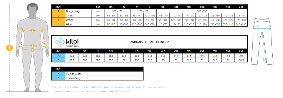 Pantalon de ski homme Kilpi METHONE-M – Size chart