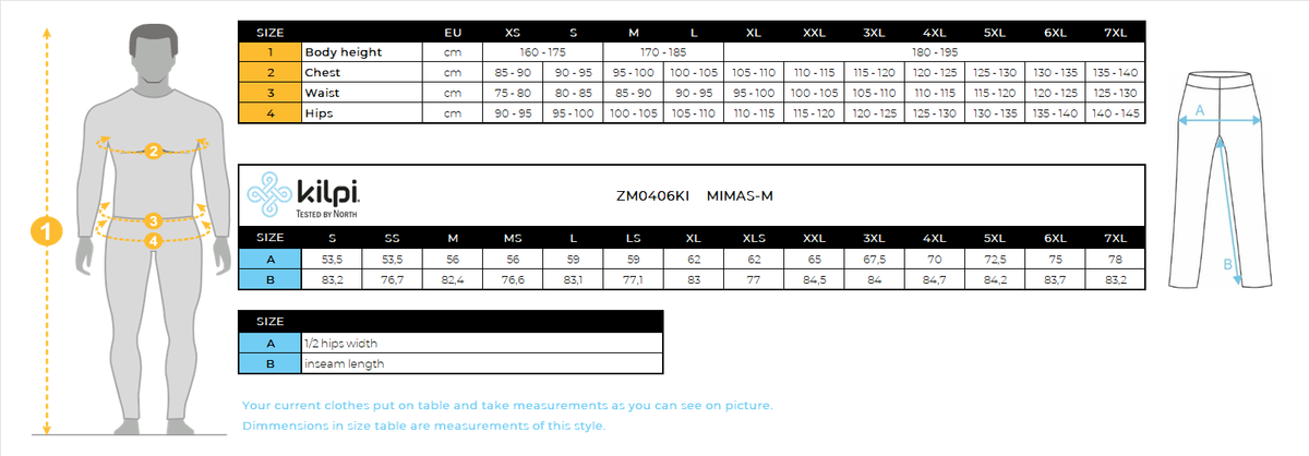 Pantalon de ski homme Kilpi MIMAS-M – Size chart