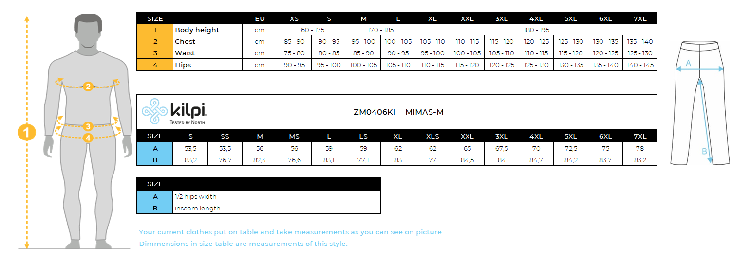 Pantalon de ski homme Kilpi MIMAS-M – Size chart