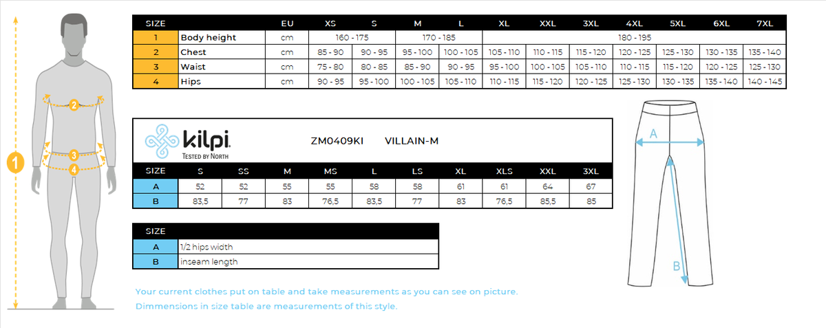 Pantalon outdoor homme Kilpi VILLAIN-M – Size chart