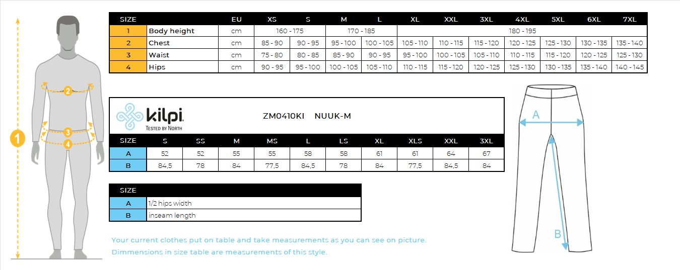 Pantalon outdoor homme Kilpi NUUK-M – Size chart