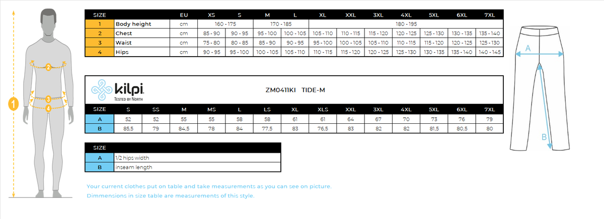 Pantalon outdoor homme Kilpi TIDE-M – Size chart