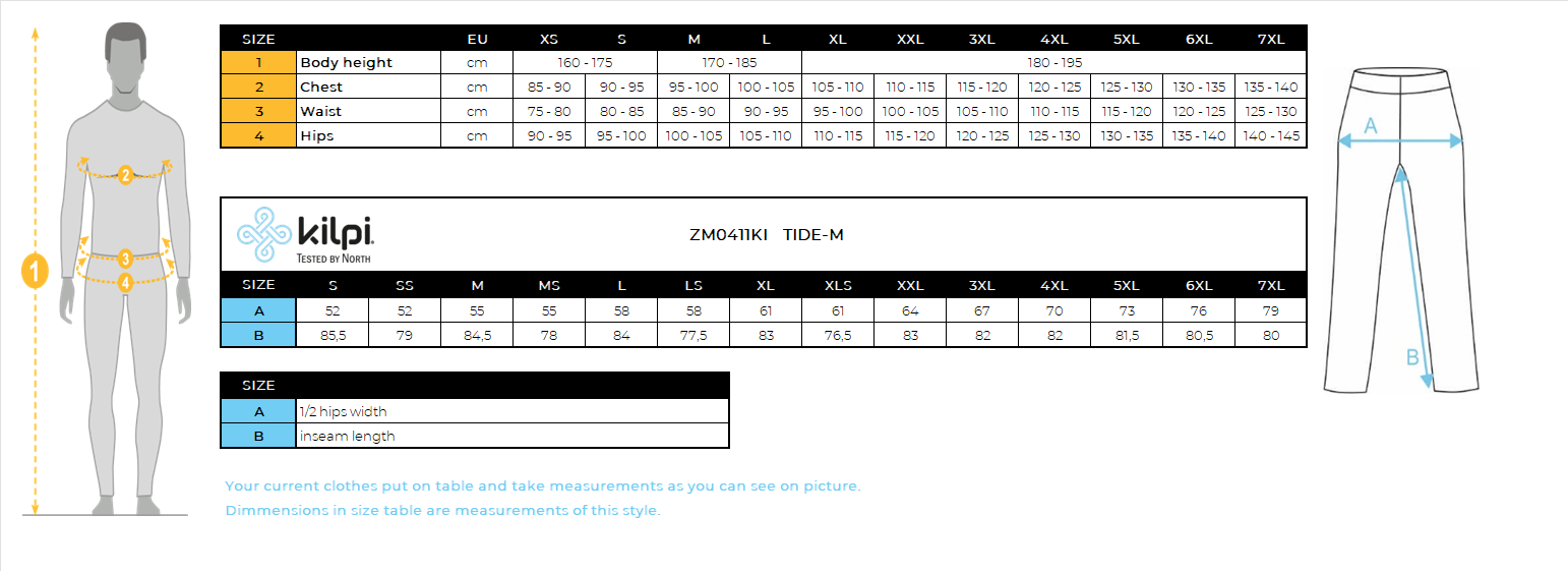 Pantalon outdoor homme Kilpi TIDE-M – Size chart