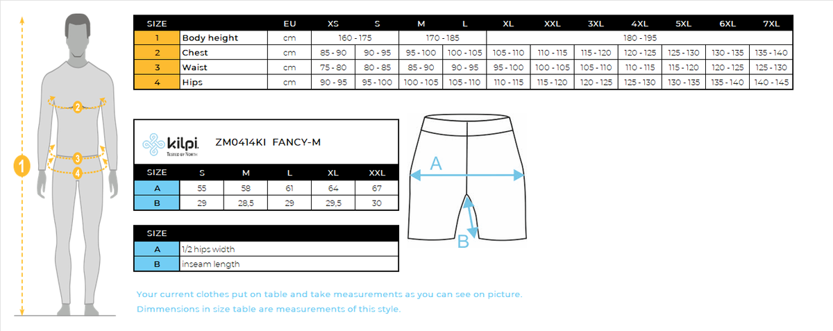 Short isolant homme Kilpi FANCY-M – Size chart