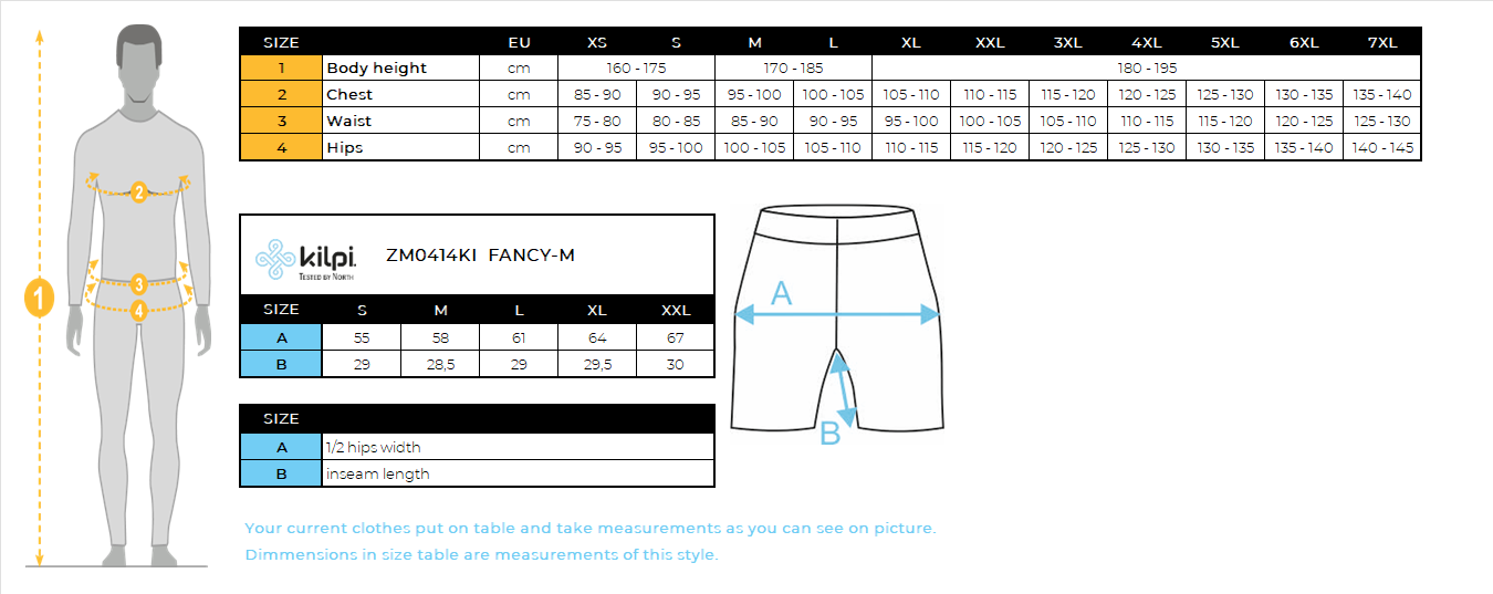 Short isolant homme Kilpi FANCY-M – Size chart