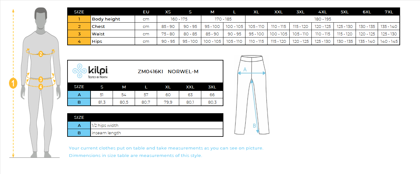 Pantalon de course homme Kilpi NORWEL-M – Size chart