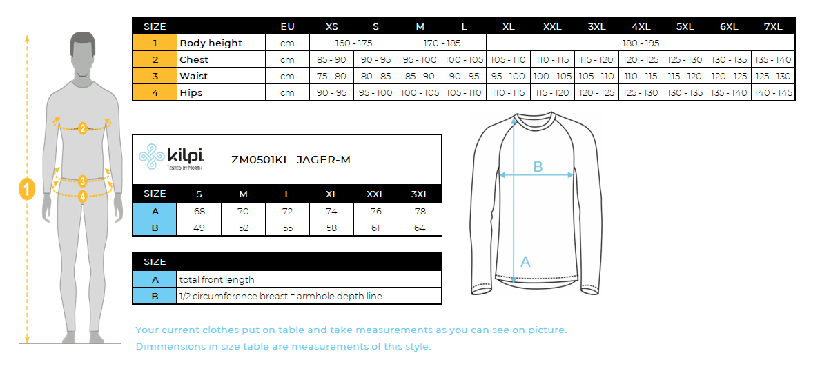 Couche de base en laine mérinos à manches longues pour hommes Kilpi JAGER-M – Size chart