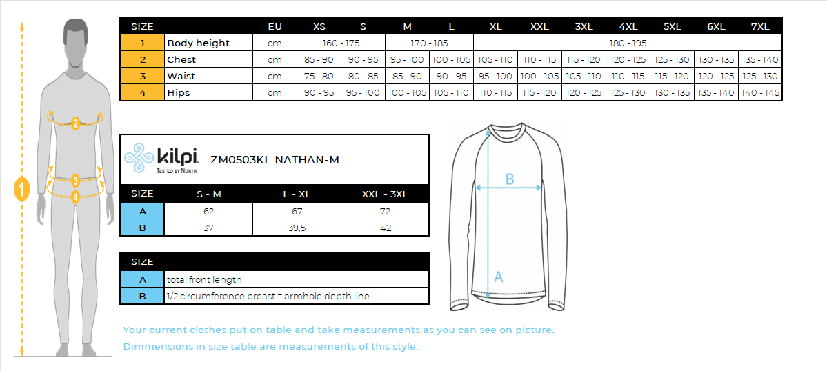 T-shirt thermique sans couture à manches longues pour hommes Kilpi NATHAN-M – Size chart