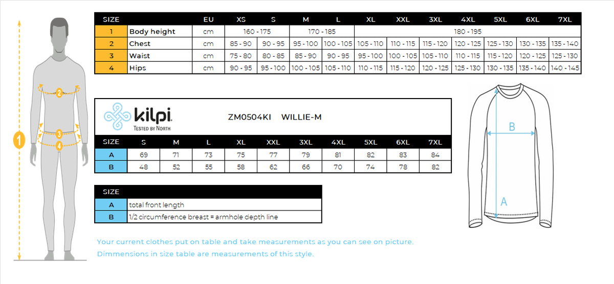 T-shirt thermique à manches longues pour hommes Kilpi WILLIE-M – Size chart