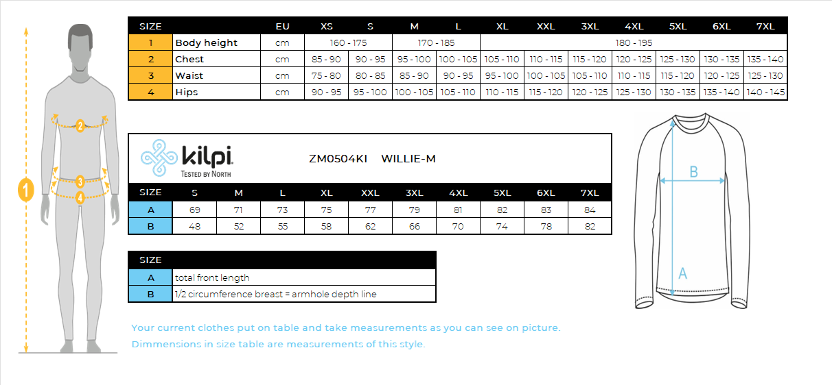 T-shirt thermique à manches longues pour hommes Kilpi WILLIE-M – Size chart