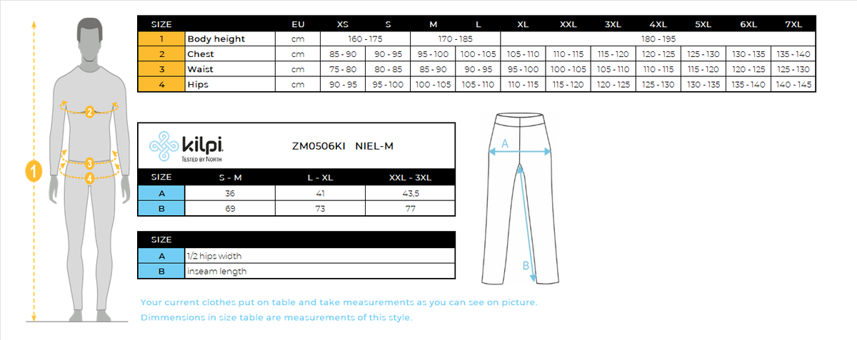 Pantalon thermique sans couture homme Kilpi NIEL-M – Size chart