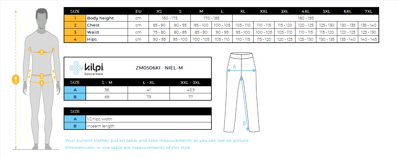 Pantalon thermique sans couture homme Kilpi NIEL-M – Size chart
