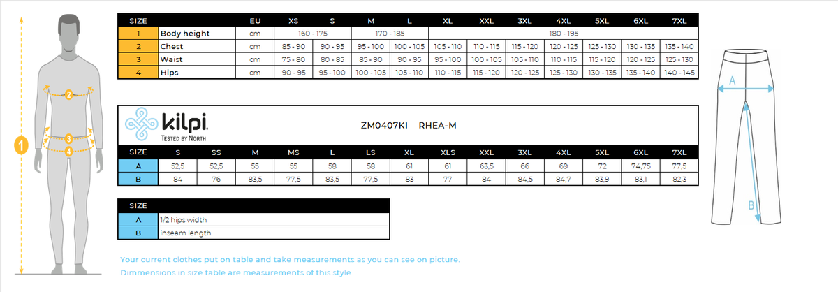 Pantalon de ski softshell homme Kilpi RHEA-M – Size chart